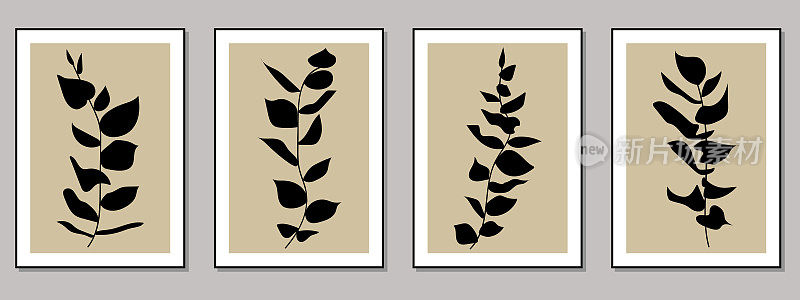 矢量颜色新潮时尚分支和树叶植物艺术画廊壁纸海报卡片模板集设计背景