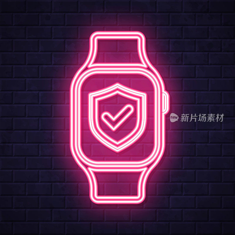 安全smartwatch。在砖墙背景上发光的霓虹灯图标