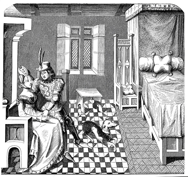 中世纪女人与贵族调情14世纪的木刻