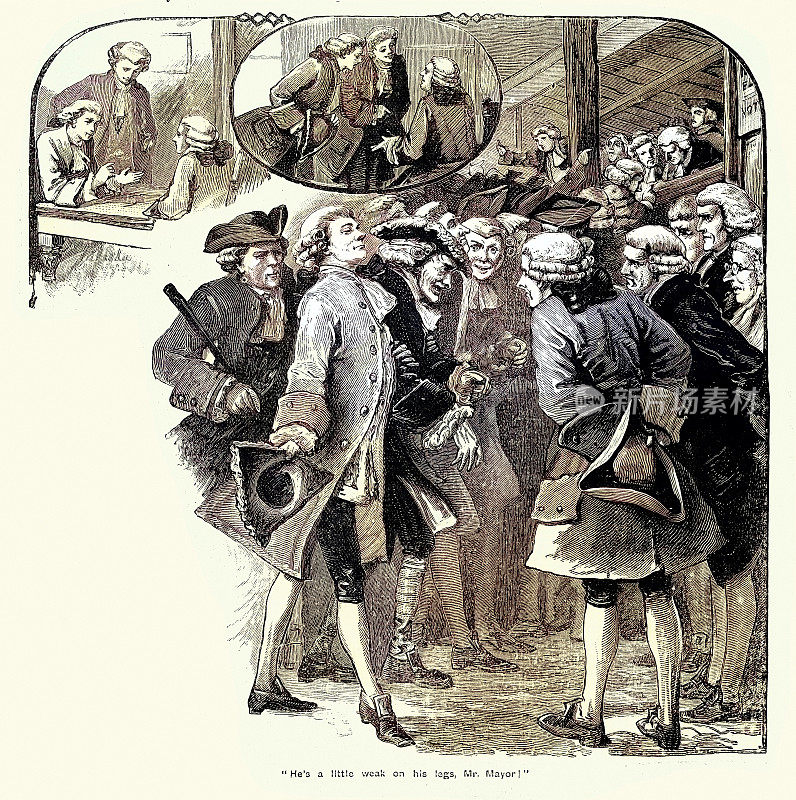 男子被捕并被带到市长面前的复古插图，18世纪风格