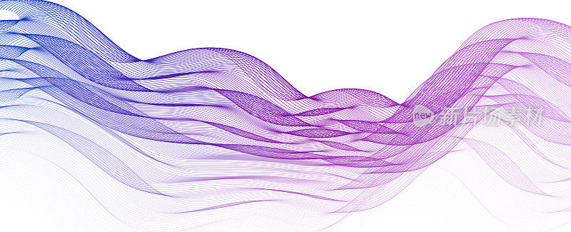 抽象的蓝色和紫色平滑流动的波浪线在一个白色的背景。动态声波元件设计。