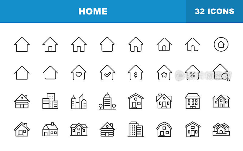 主页线图标。可编辑的中风。包含房屋，房地产，家庭，房地产代理，投资，住宅楼，城市，公寓，建筑，建筑等图标。