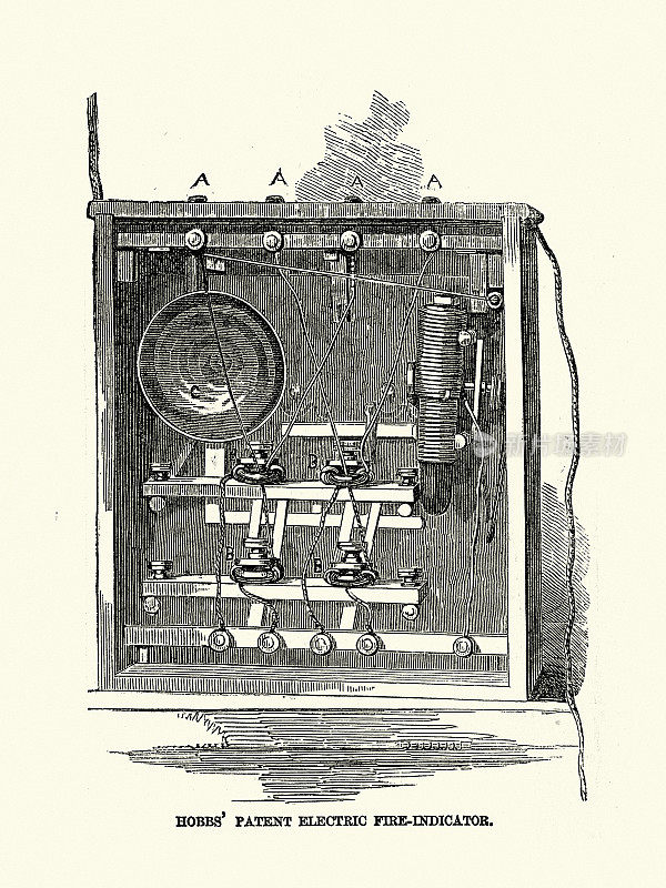 霍布斯的专利电气火灾指示器，火灾报警系统，19世纪，19世纪50年代。