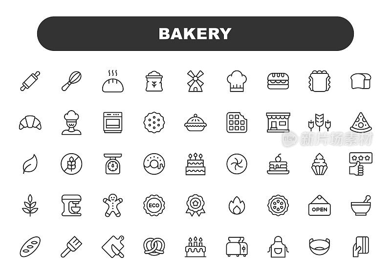 面包店线图标。可编辑的中风。包含这样的图标食品，餐厅，披萨，蛋糕，面包，汉堡包，三明治，煎饼，甜甜圈，苹果派，饼干，甜点。