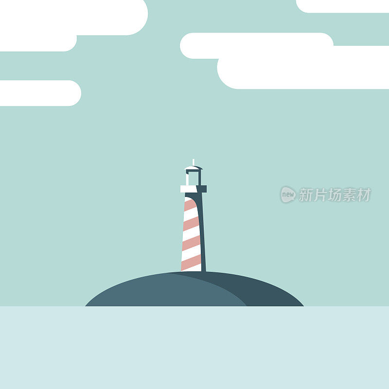 灯塔在一个岛屿景观矢量插图。暑假的明信片