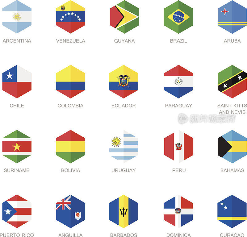 南美和加勒比国旗图标。六角平面设计。