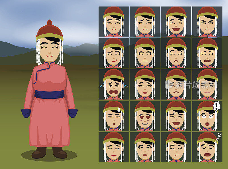 蒙古女人卡通情感面对矢量插画
