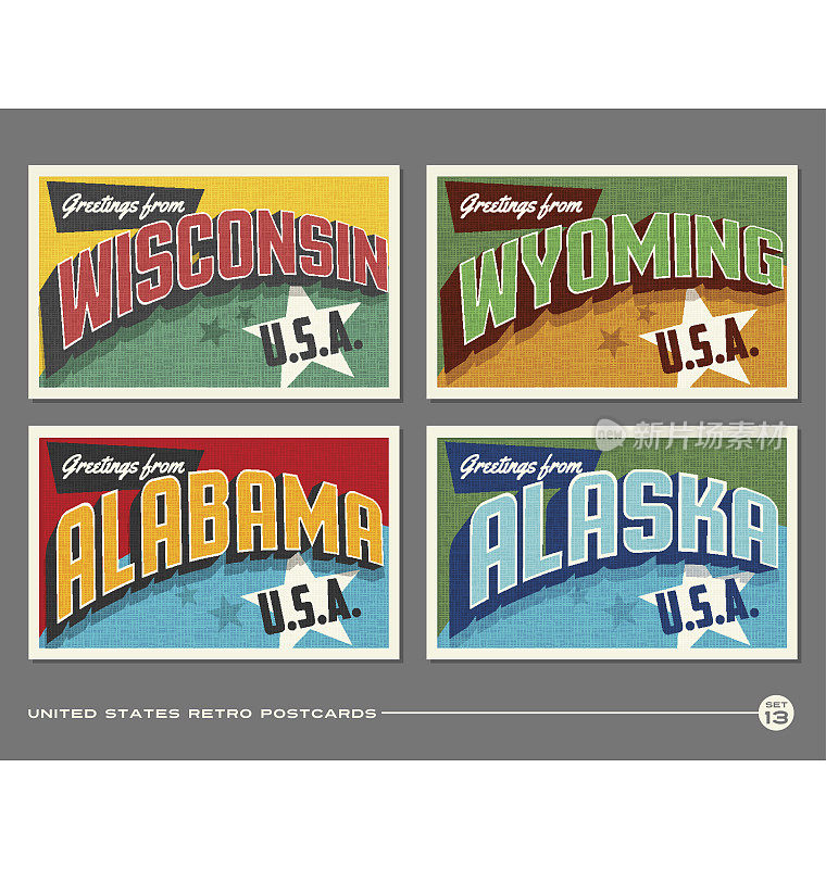 美国复古印刷明信片具有威斯康星州，怀俄明州，阿拉巴马州，阿拉斯加