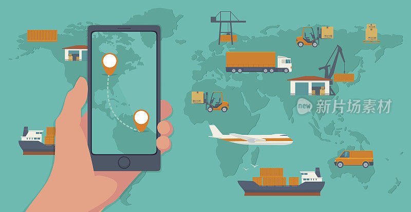 手机界面的移动应用程序的货物服务在屏幕上。物流概念平旗生产流程从工厂到车间。俯视图世界地图与仓库，船，卡车，飞机，汽车。