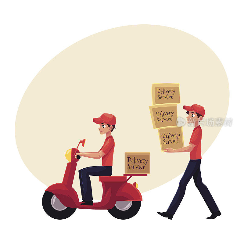 快递员搬运成堆的箱子，用摩托车、摩托车送包裹