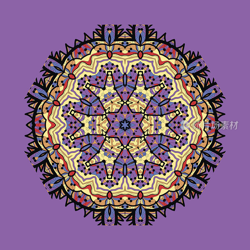 紫罗兰色无缝勾勒曼陀罗。不寻常的部落设计元素。抽象艺术