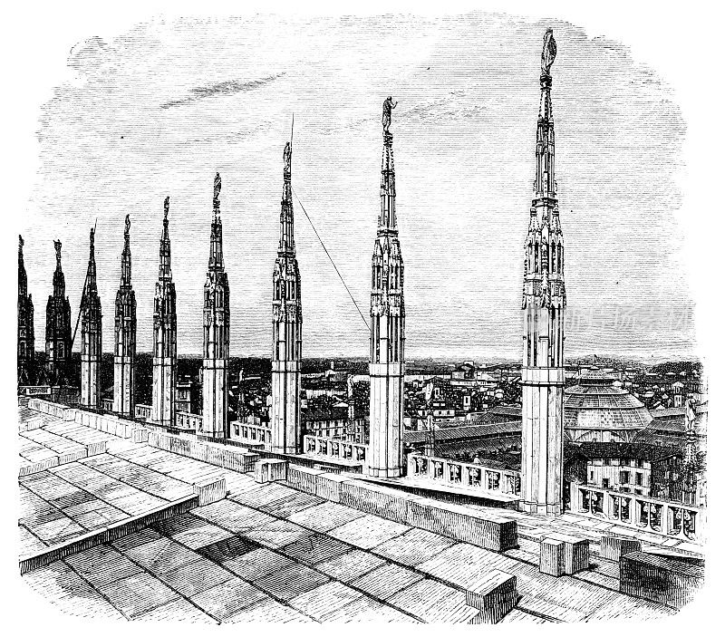 19世纪意大利米兰大教堂的雕刻屋顶