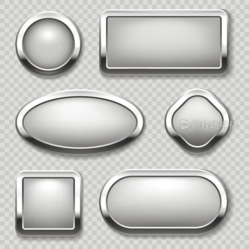 圆形的铬按钮收集透明的背景。向量金属按钮