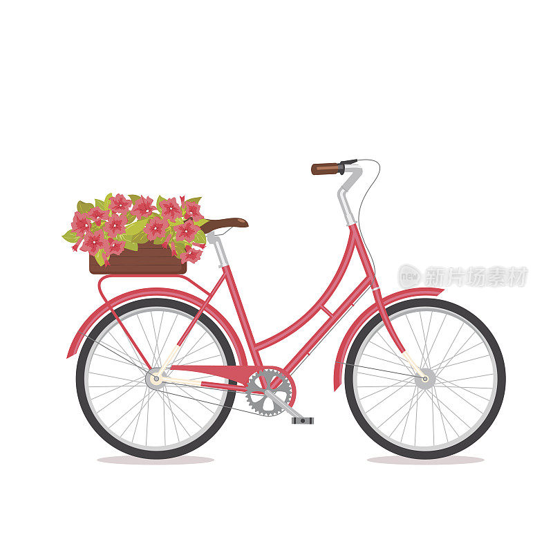 粉色复古自行车与花盒在后备箱上的婚礼，祝贺横幅，邀请，卡片