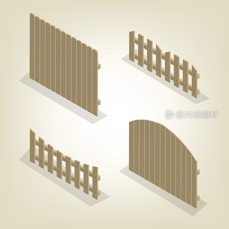 一套等距跨度木栅栏，矢量插图。