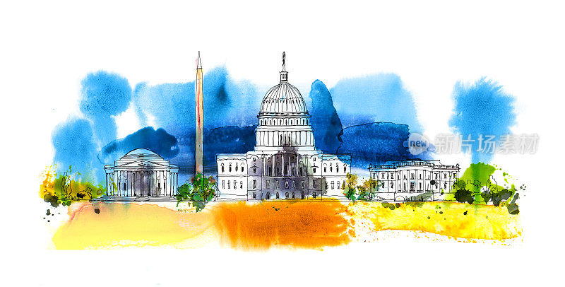 华盛顿特区。白宫和方尖碑。素描构图与色彩丰富的水彩效果