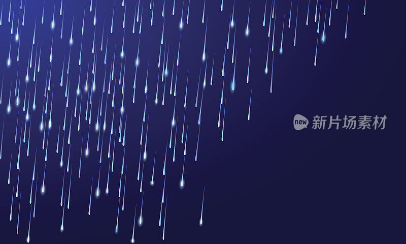 雨倾盆流星雨流星在黑暗的夜晚蓝色的天空背景。灰白色水滴水现实的矢量插图艺术