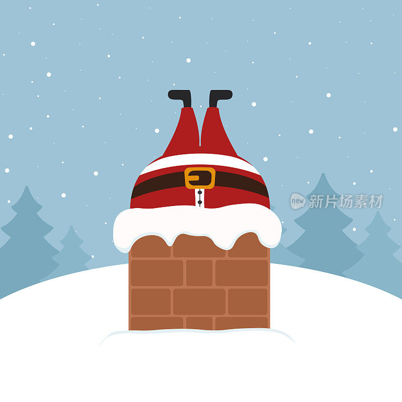 圣诞老人被困在烟囱里冬天的雪景