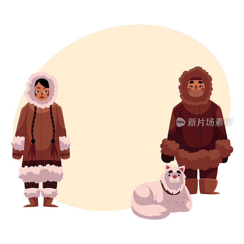 爱斯基摩人，因纽特夫妇穿着暖和的冬装和雪橇狗