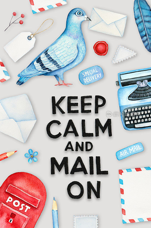 明信片设计以激励性的著名口号“保持冷静，继续邮寄”。蓝色和红色调色板图形，黑色文字，浅灰色背景。
