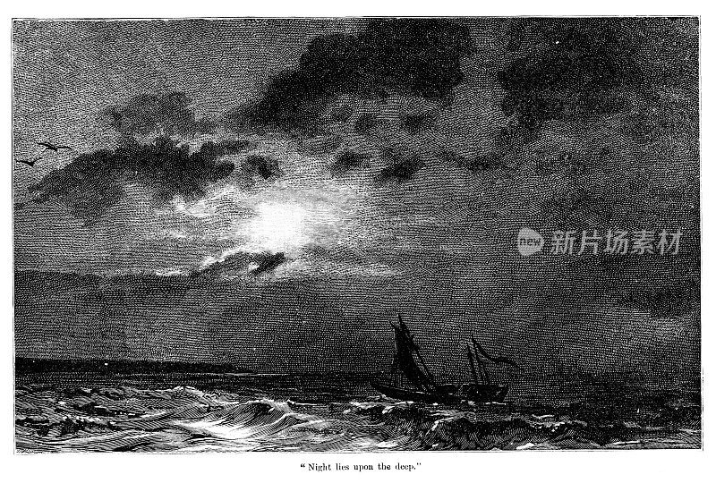 维多利亚时代的版画《夜在深海》。19世纪海上的夜景和孤独的船1890。