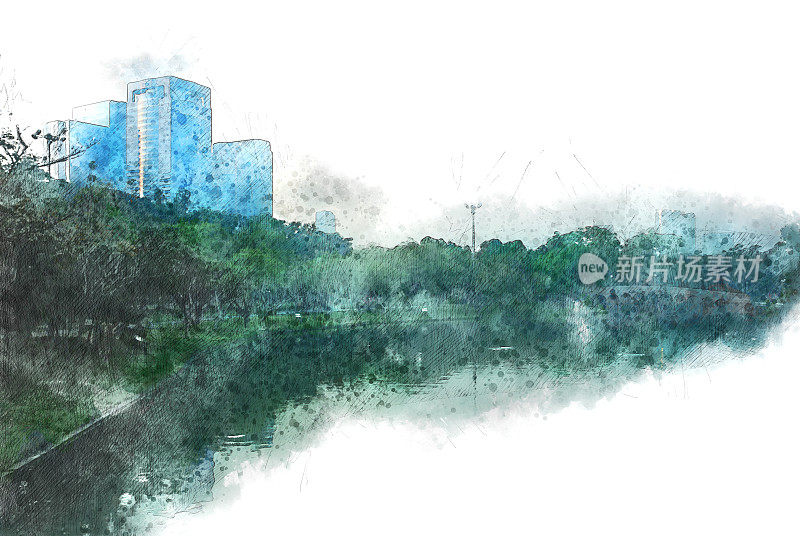 抽象建筑和树木的水彩画背景。城市上的数字插画刷艺术。