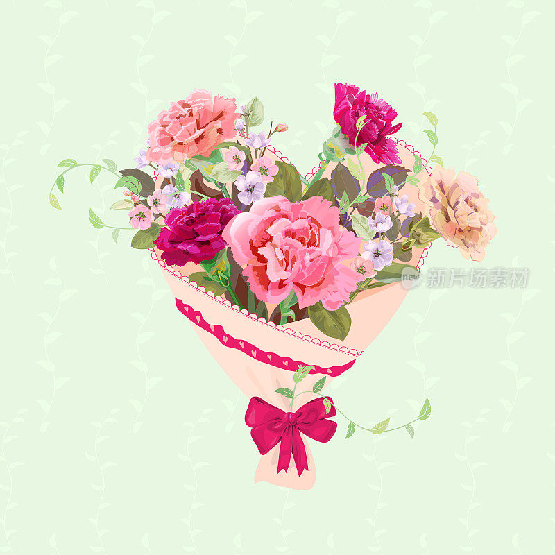 一颗心插着一束粉红色、红色的花。情人节卡片。康乃馨，春天开花(树枝苹果树花)，芽，叶，绿色背景。数字绘图，水彩风格，矢量