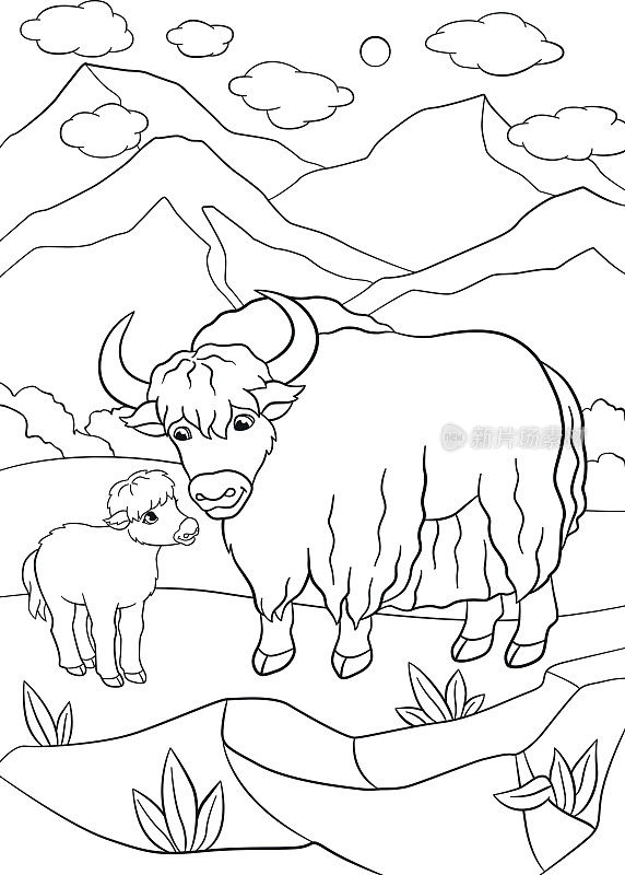 着色页面。漂亮的牦牛和小牦牛。