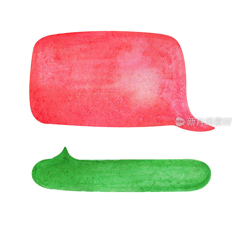 水彩语音气泡在白色背景。充满活力的绿色和红色文本气泡云手绘元素。