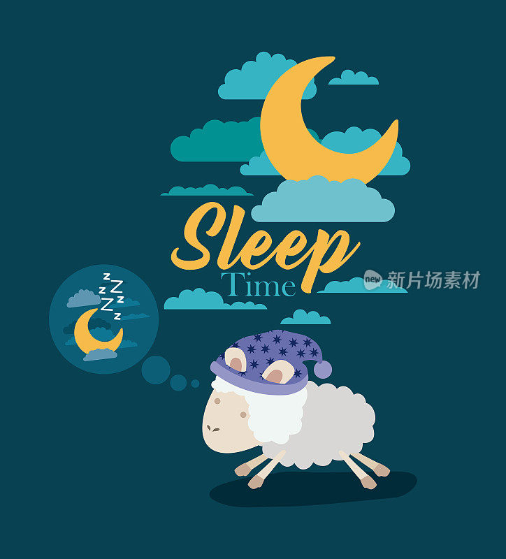 彩色的招贴画场景天空风景的睡眠时间与绵羊在夜里思考