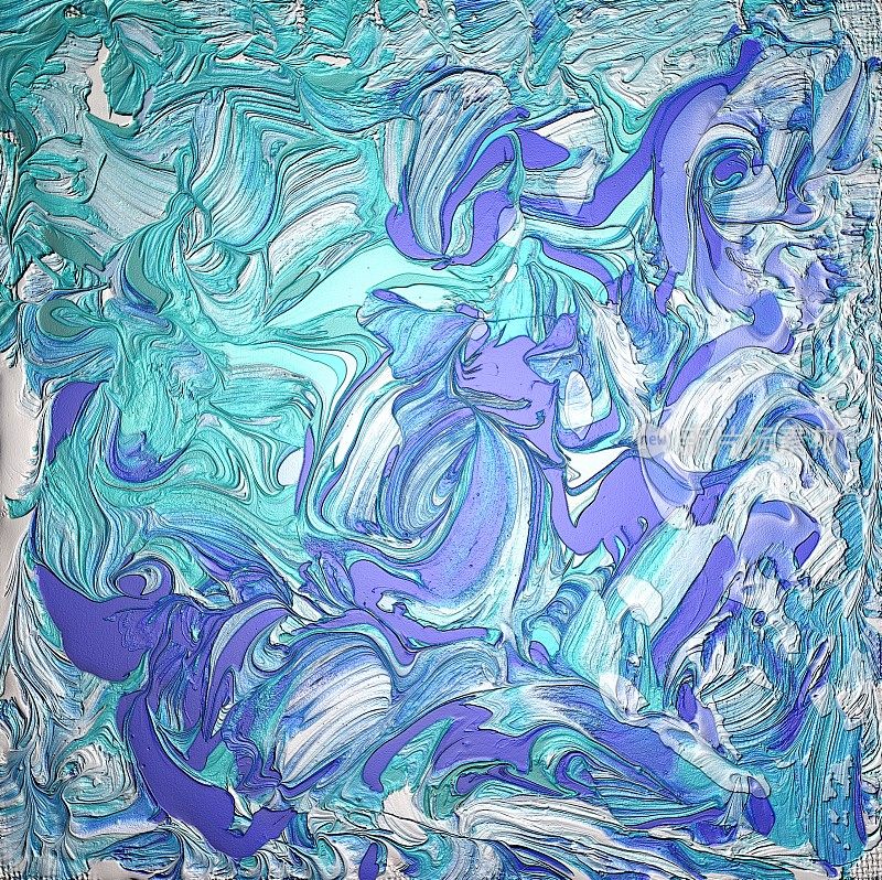 抽象的紫色，水色，蓝绿色和白色画与凸起的漩涡笔触
