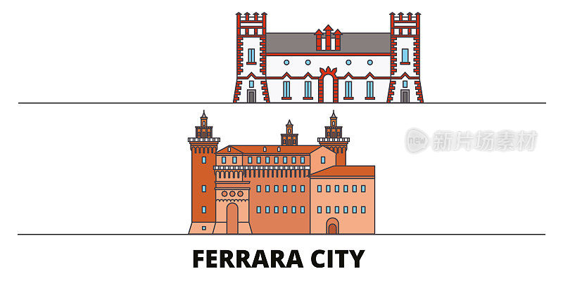 意大利费拉拉城平面地标矢量插画。意大利费拉拉城一线城市以著名的旅游景点，天际线，设计。