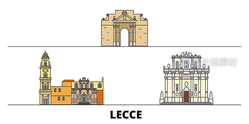 意大利莱切平面地标矢量插图。意大利莱切一线城市具有著名的旅游景点、天际线、设计。