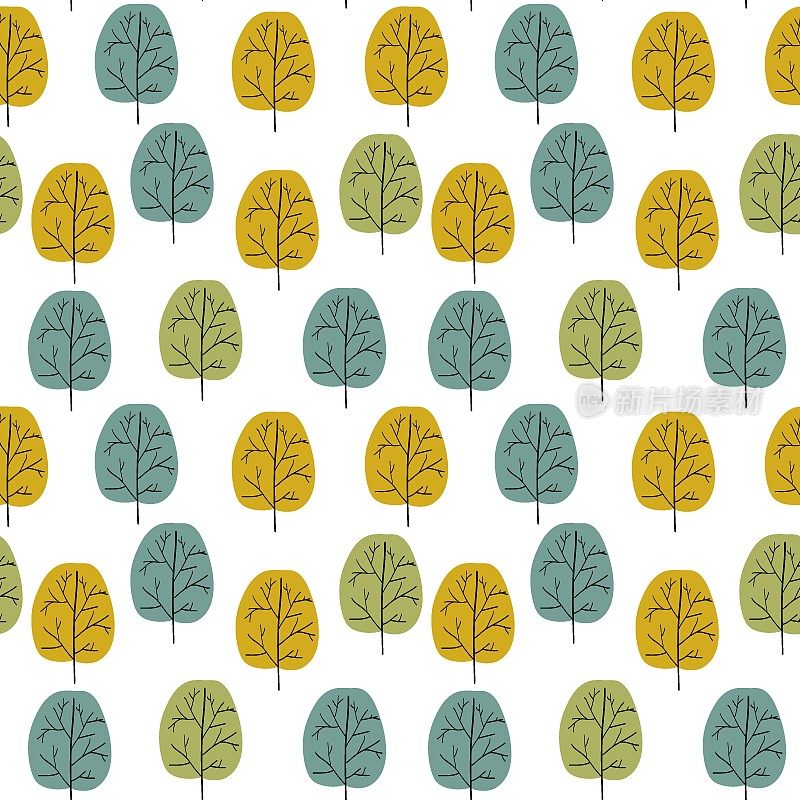 无缝的矢量模式。手绘涂鸦树与多色叶片在温暖的秋天调色板绿色，灰色，黄色。复古的北欧风格。墙纸挂毯布艺儿童房装饰