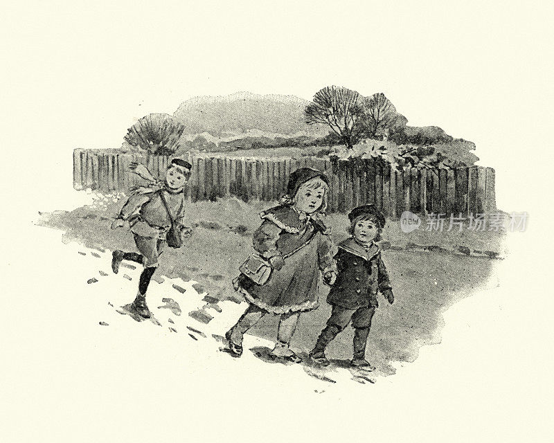 十九世纪，维多利亚时代的孩子们在雪地里行走