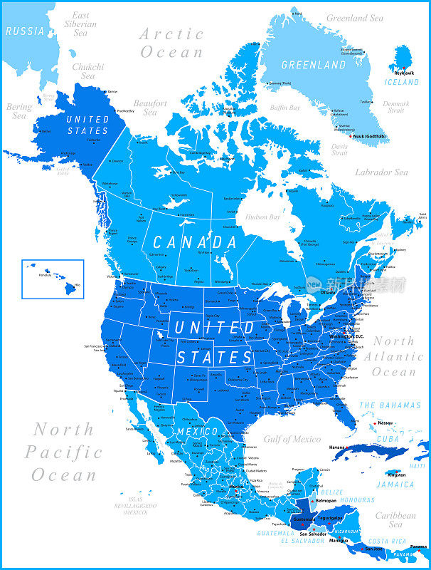 北美蓝地图与美国，加拿大和墨西哥