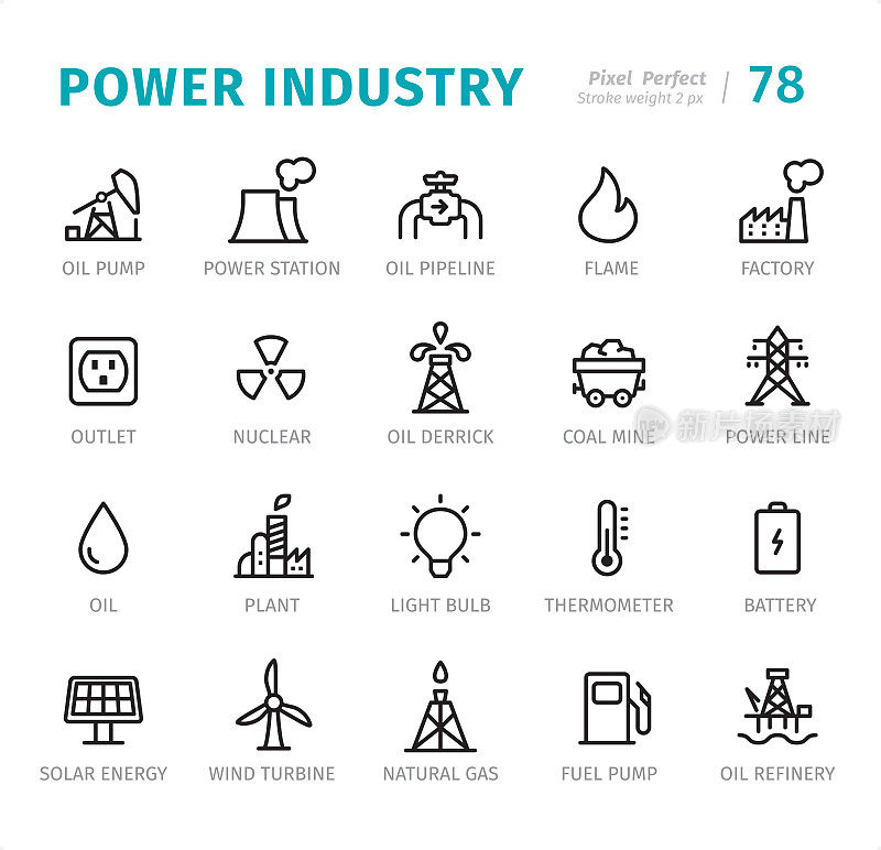 电力工业-像素完美的线条图标与标题