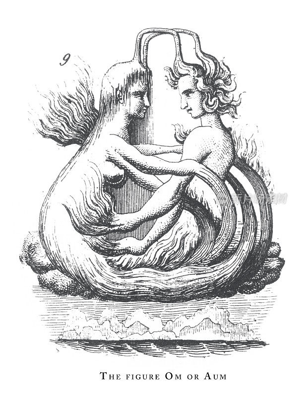图奥姆或奥姆，印度教和佛教的宗教符号和宗教器具雕刻古董插图，出版于1851年