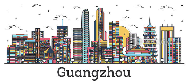 用白色隔离的彩色建筑勾勒出中国广州城市天际线。