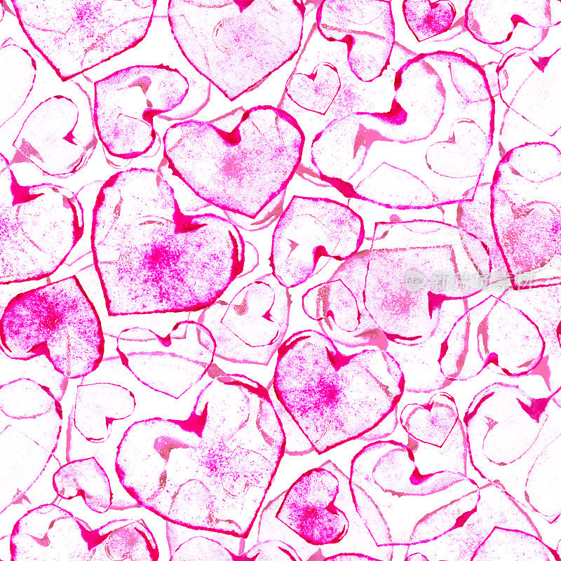 无缝抽象LOVE图案设计-凌乱的不规则轮廓印迹水彩心孤立在白色背景-独特的矢量股票插图在荧光粉色阴影与许多不完善的不规则和不均匀的边缘