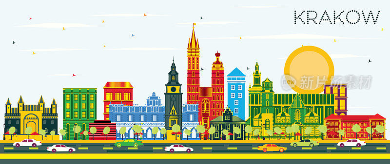 波兰克拉科夫城市的天际线与彩色建筑和蓝天。