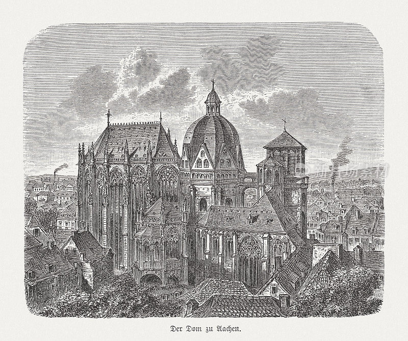 亚琛大教堂的历史视图，木刻，出版于1893年