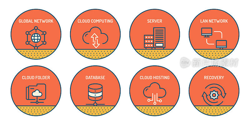 一组网络技术相关的线条图标。简单的轮廓的象征。