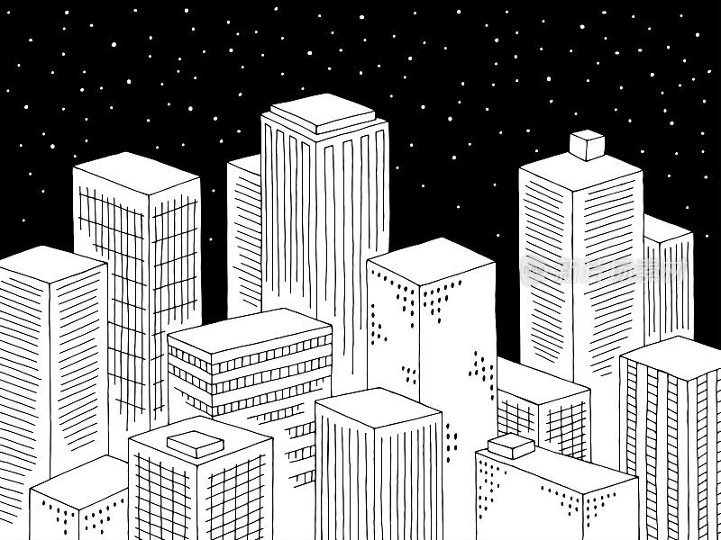 城市夜晚图形黑白城市景观俯视图从上面的空中草图插图矢量