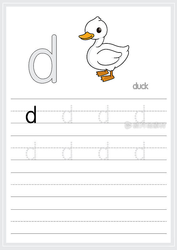 矢量插图的白色鸭子孤立在白色的背景。用大写字母D作为教学和学习媒体，供儿童识别英文字母或供儿童学习写字母用于在家里和学校学习。