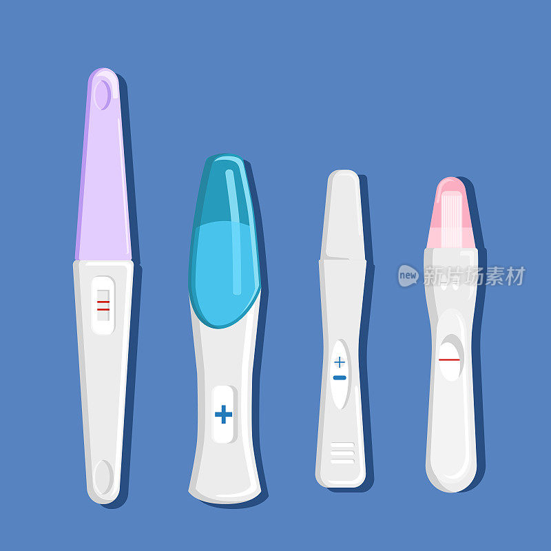 家里的验孕棒四种不同的类型和形式。尿中HCG激素检测。计划生育和女性健康说明。