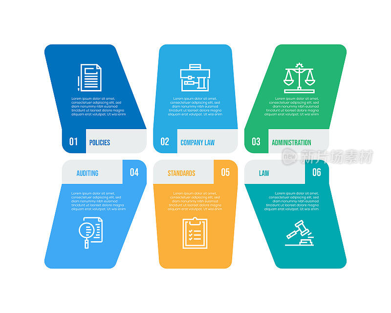 信息图表设计模板。政策，公司法律，行政，审计，标准，法律图标6个选项或步骤。