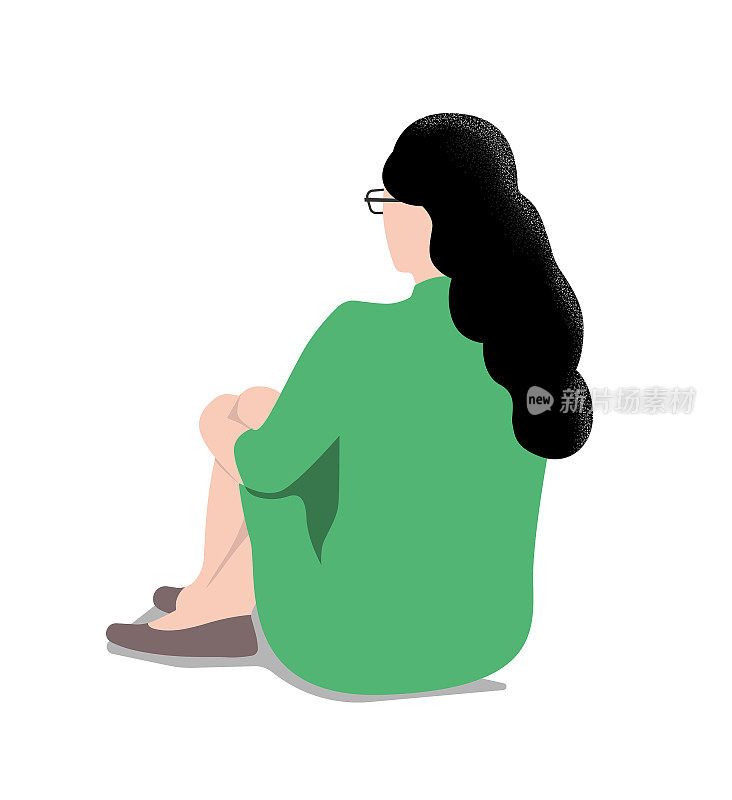 一个穿着绿色衣服的女人坐在地板上，看着远处的背影。纹理平面风格矢量插图。