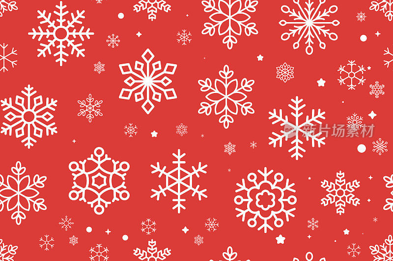 无缝的圣诞组成。红色背景上的白色雪花。圣诞雪花，冬天，除夕模板概念。矢量插图。