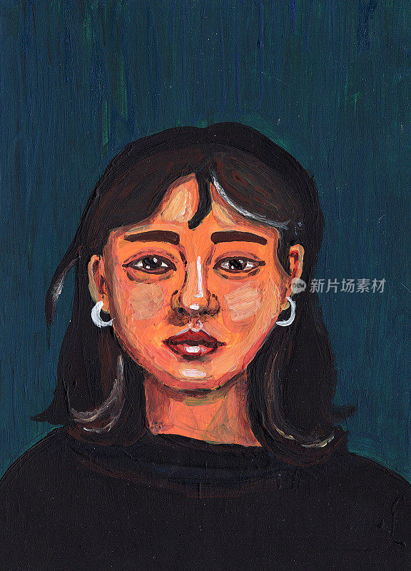 手绘的女孩肖像。岁的年龄在18岁至25岁之间。亚洲小姐。黑色的齐肩的头发。黄色的皮肤。丙烯酸、油画和水粉画。暗绿松石纹理背景。海报和明信片